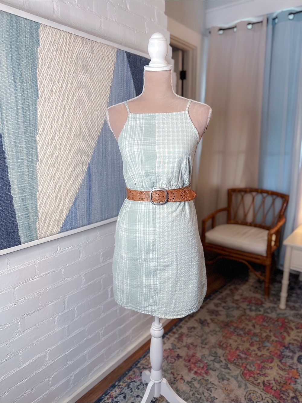 American Eagle Soft Mint Gingham and Plaid Half and Half Dress